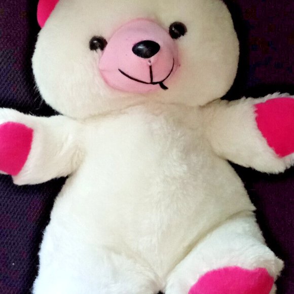 Vintage White and Pink Teddy Bear Plush Stuffed with New Polyester 17" Shining - Picture 3 of 6
